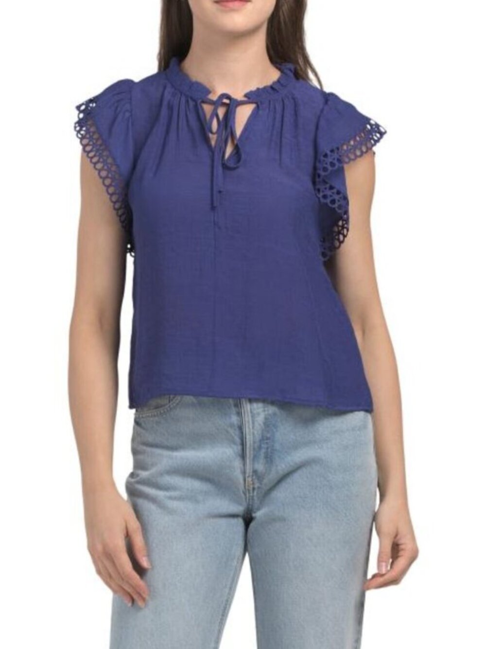 STELLA & GINGER Petite Lace Trim Tie Neck Top